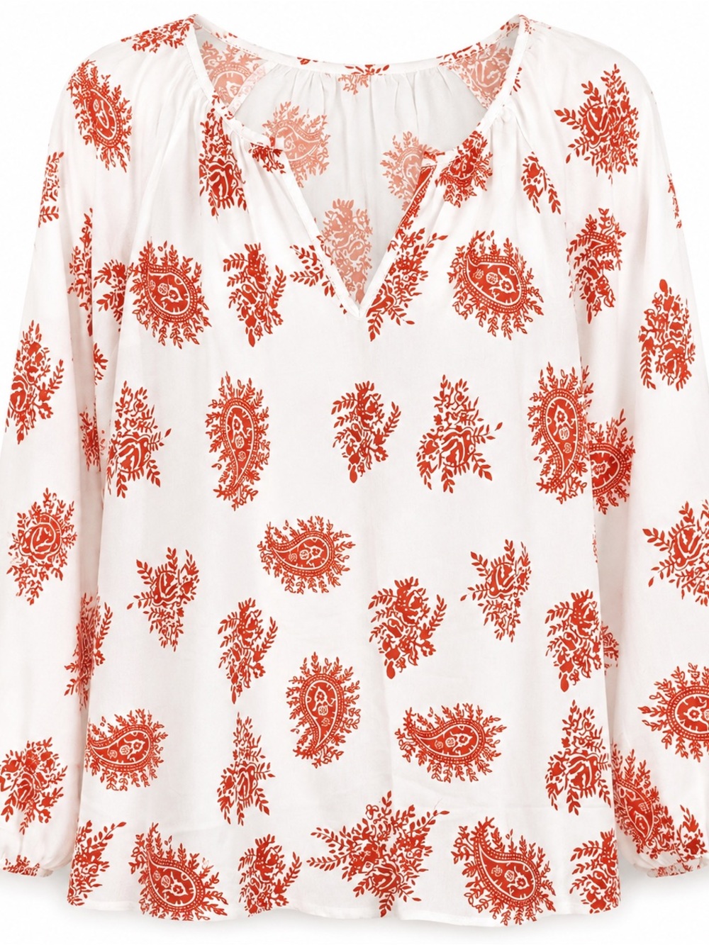 Amazon Women's White and Red Paisley Print Long Sleeve V-Neck Blouse Size XL